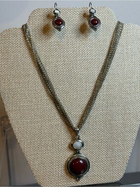 Lia Sophia Necklace and Earring Set with Red and faux Moon Stones
